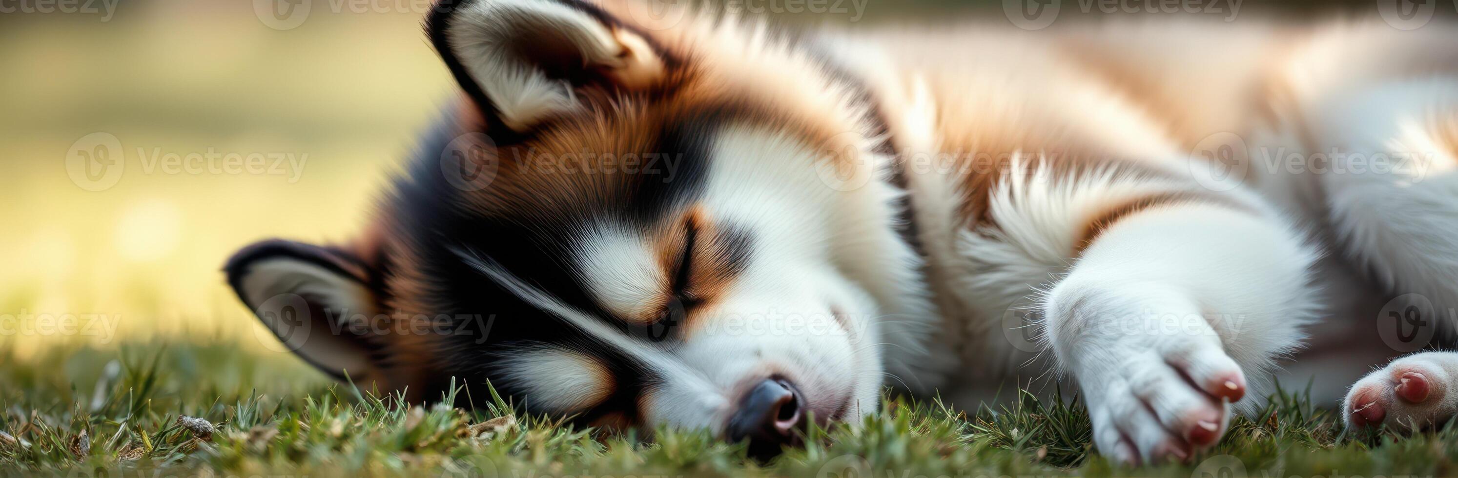Sleepy puppy resting on green grass in a sunny outdoor setting during the afternoon photo