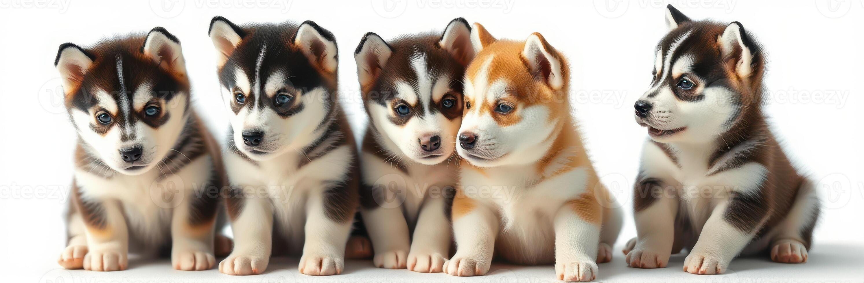 Cute husky puppies sit together in a bright setting, showcasing their playful personalities and distinct fur patterns photo