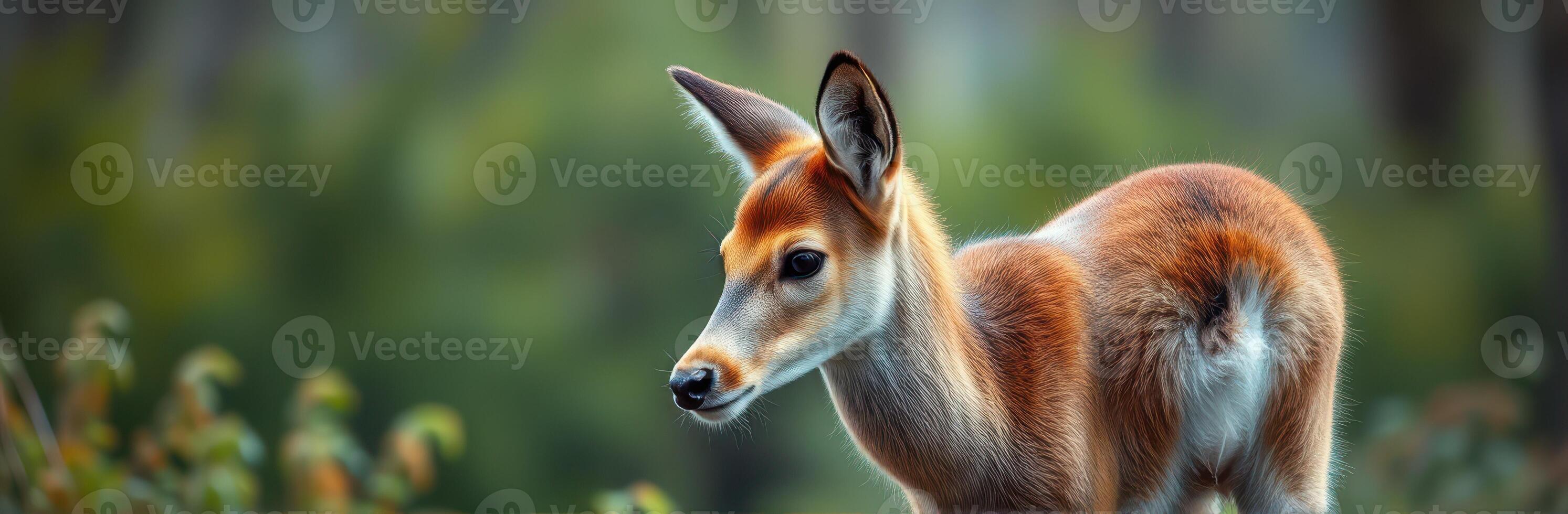 Young deer in a lush forest setting during early morning light photo