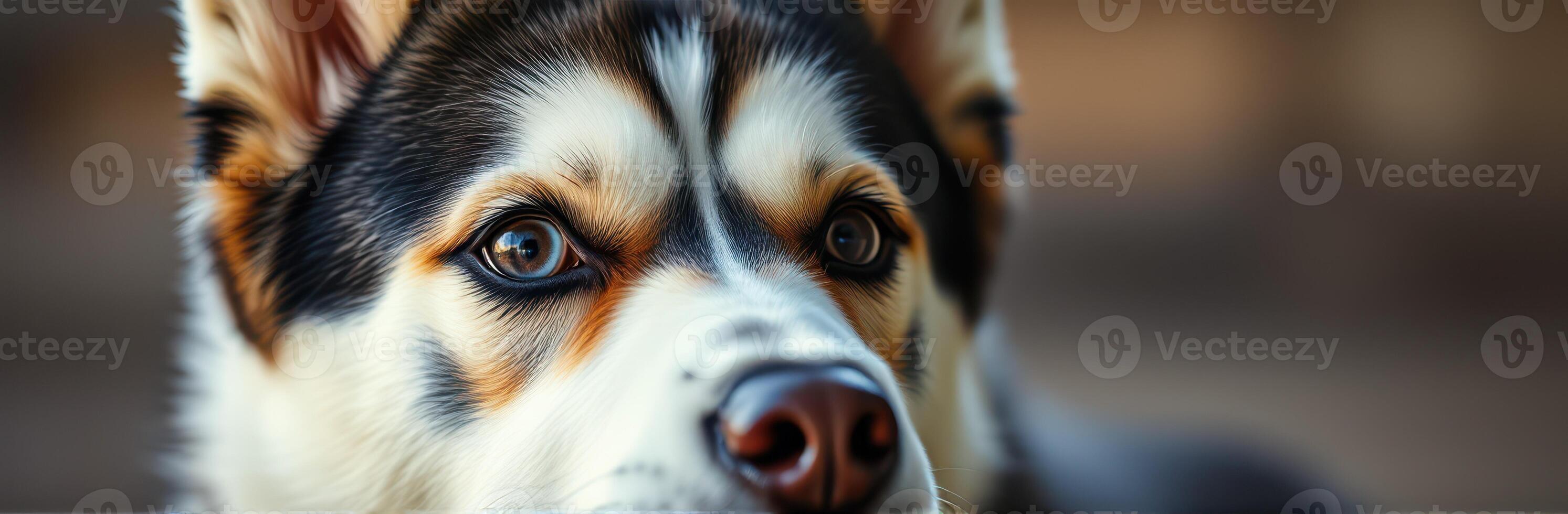 Close-up of a husky dog showcasing striking blue eyes and beautiful fur in a natural outdoor setting photo