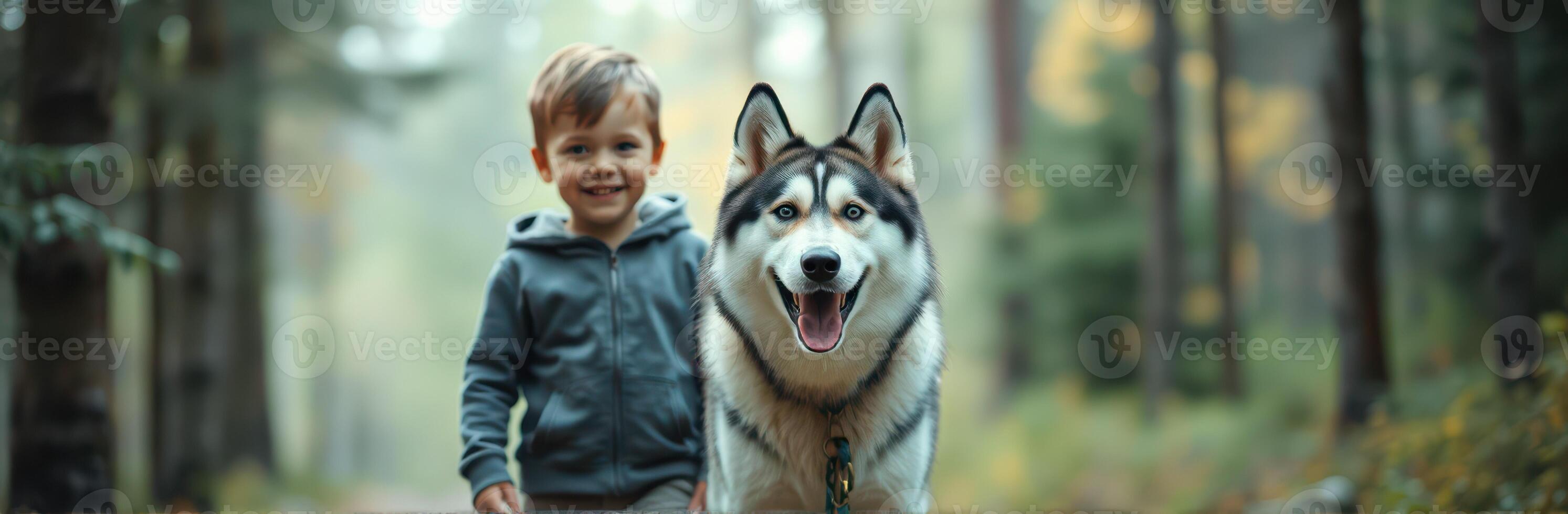 Joyful child walks alongside a friendly husky in a serene forest during autumn photo