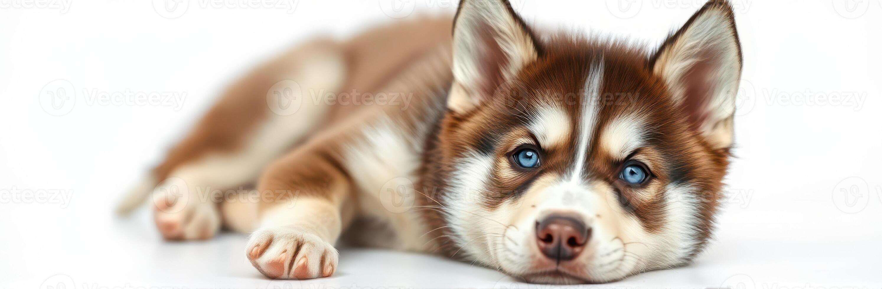 Cute brown and white husky puppy resting on a plain surface in a bright setting photo
