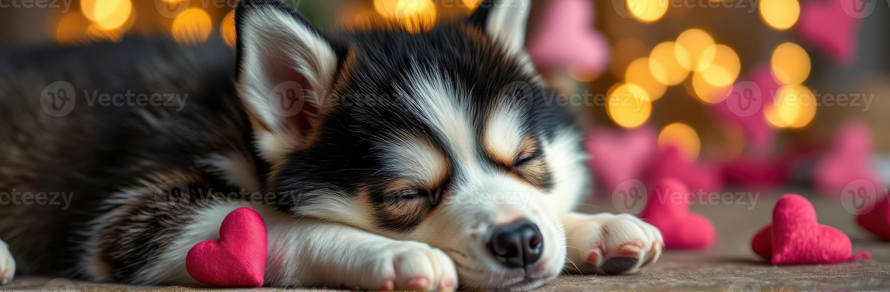 Cute puppy sleeps peacefully surrounded by pink heart decorations in a warm, cozy space filled with soft lighting photo