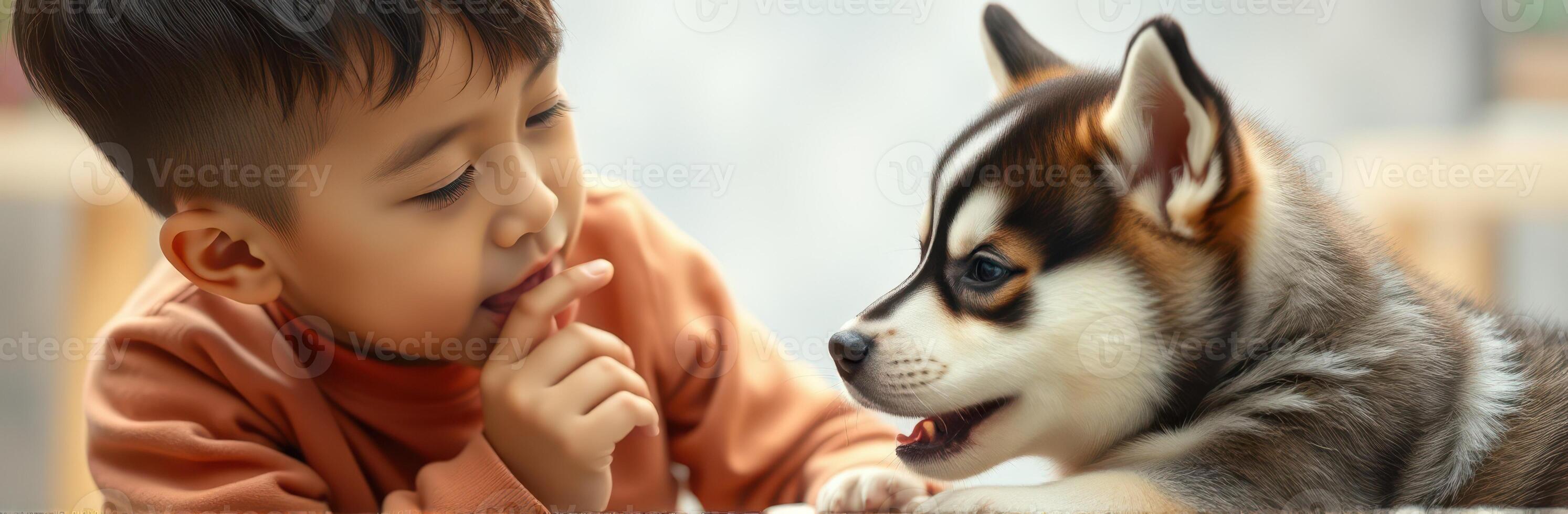 Young boy interacts with a playful husky puppy in a cozy indoor setting during daylight hours photo
