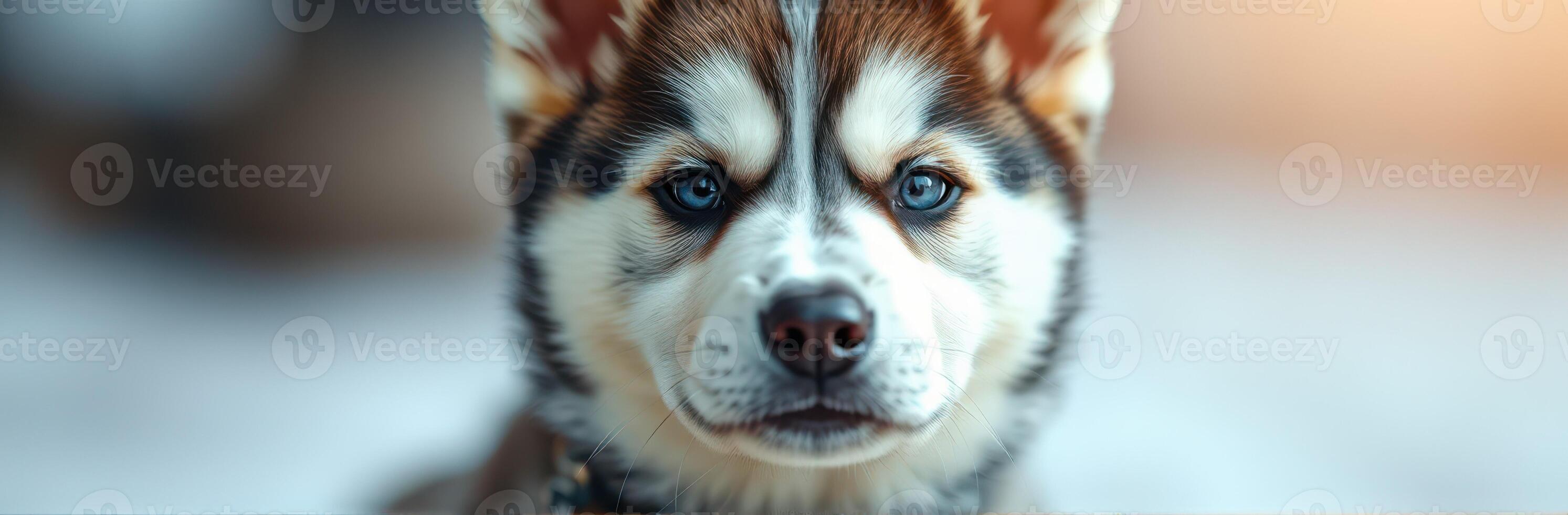 Cute husky puppy with striking blue eyes poses calmly against a blurred background in soft light during winter photo
