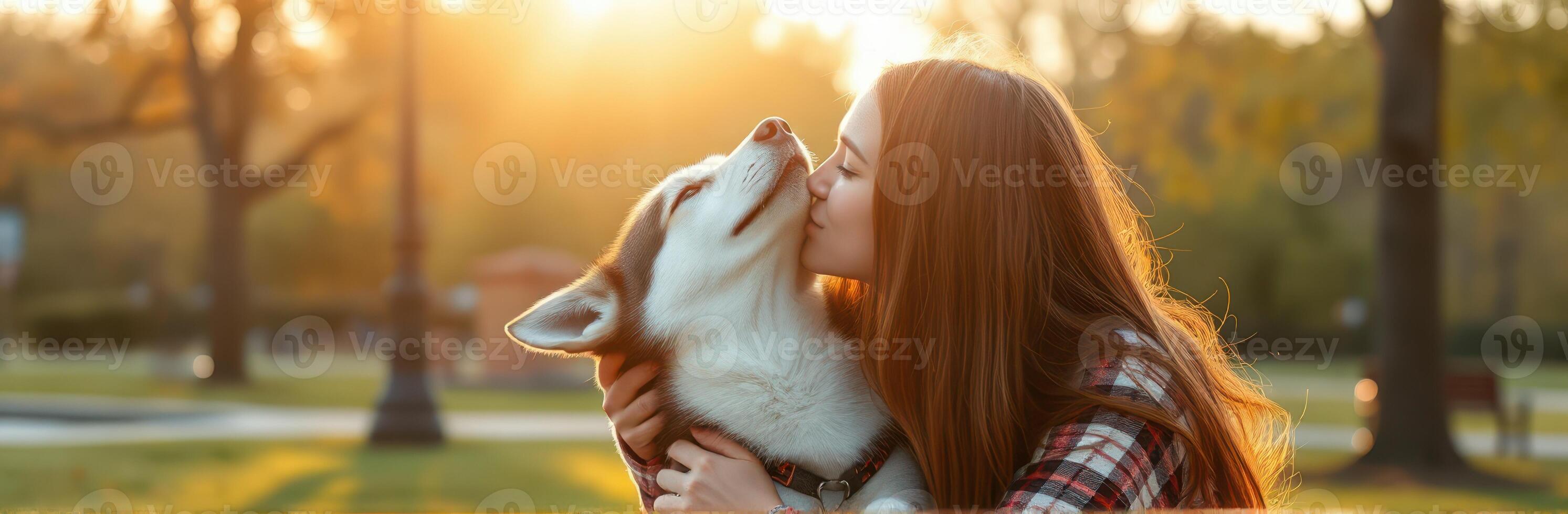 Woman enjoys quality time with her dog in a sunset park setting filled with warmth and love photo