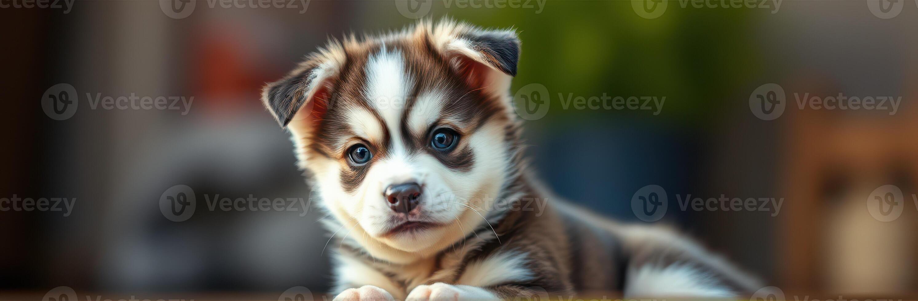 Cute puppy with striking blue eyes explores its surroundings indoors during a warm afternoon photo