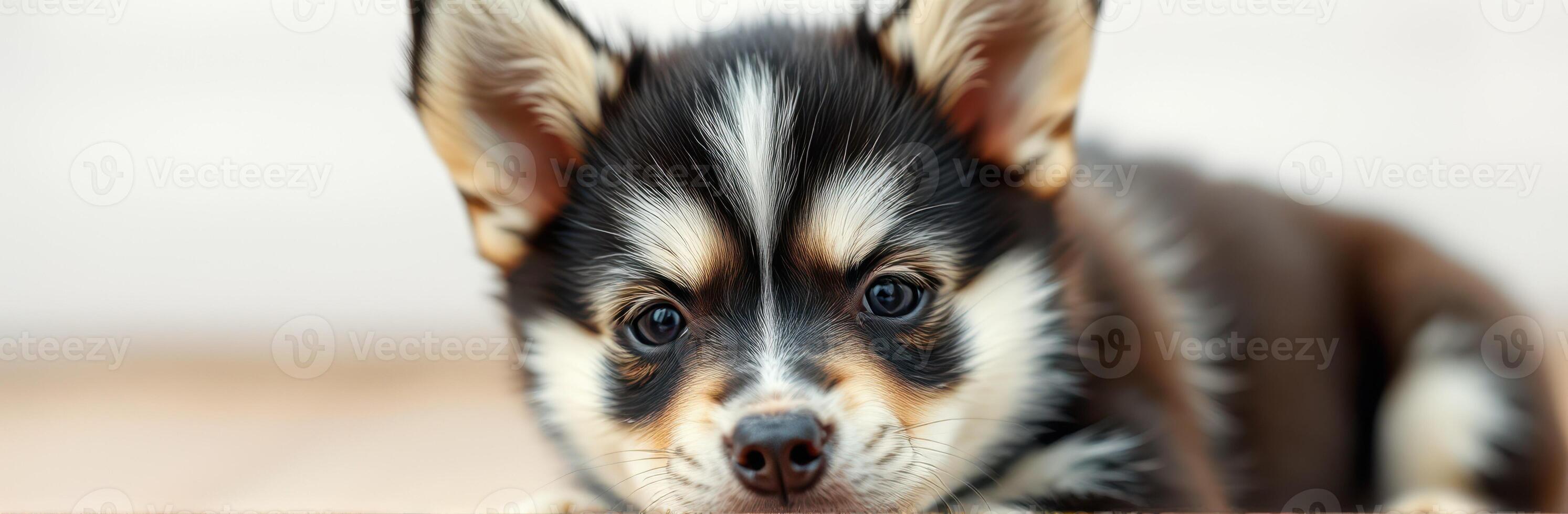 Cute corgi puppy rests on soft surface indoors with curious expression and fluffy fur photo
