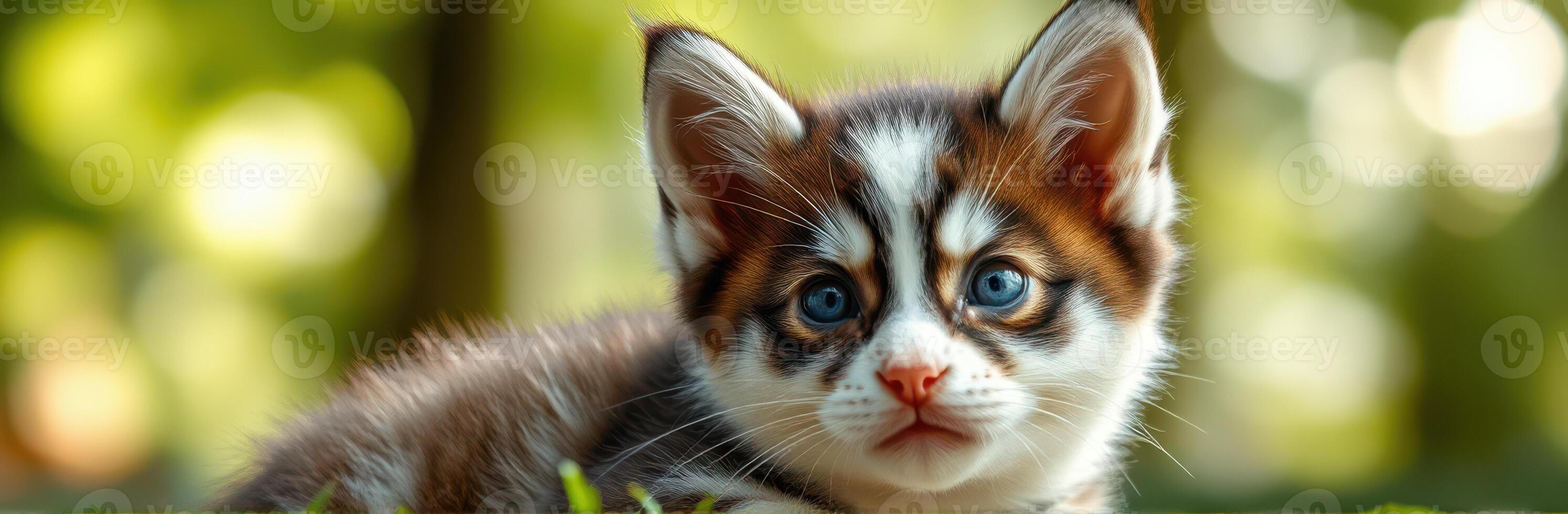 Cute kitten with striking blue eyes relaxing in nature during a sunny day photo