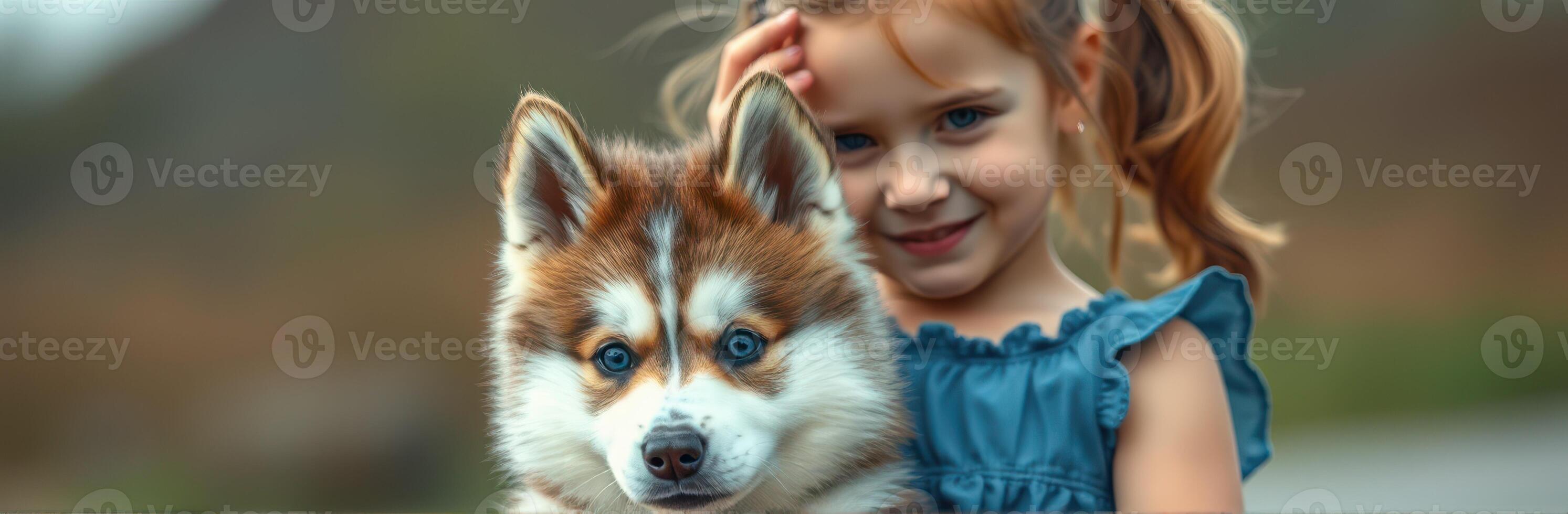 Young girl happily holding a fluffy pup with striking blue eyes in a scenic outdoor setting during daylight photo