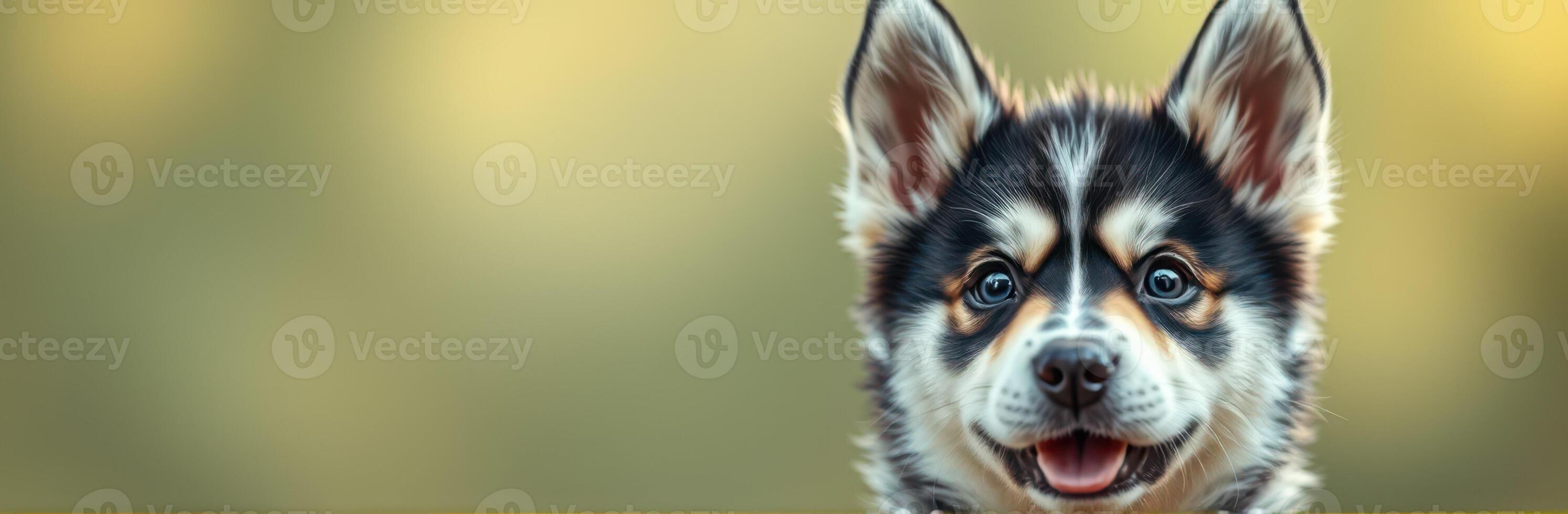 Adorable puppy with expressive eyes poses playfully against a soft blurred background in a warm, sunny setting photo
