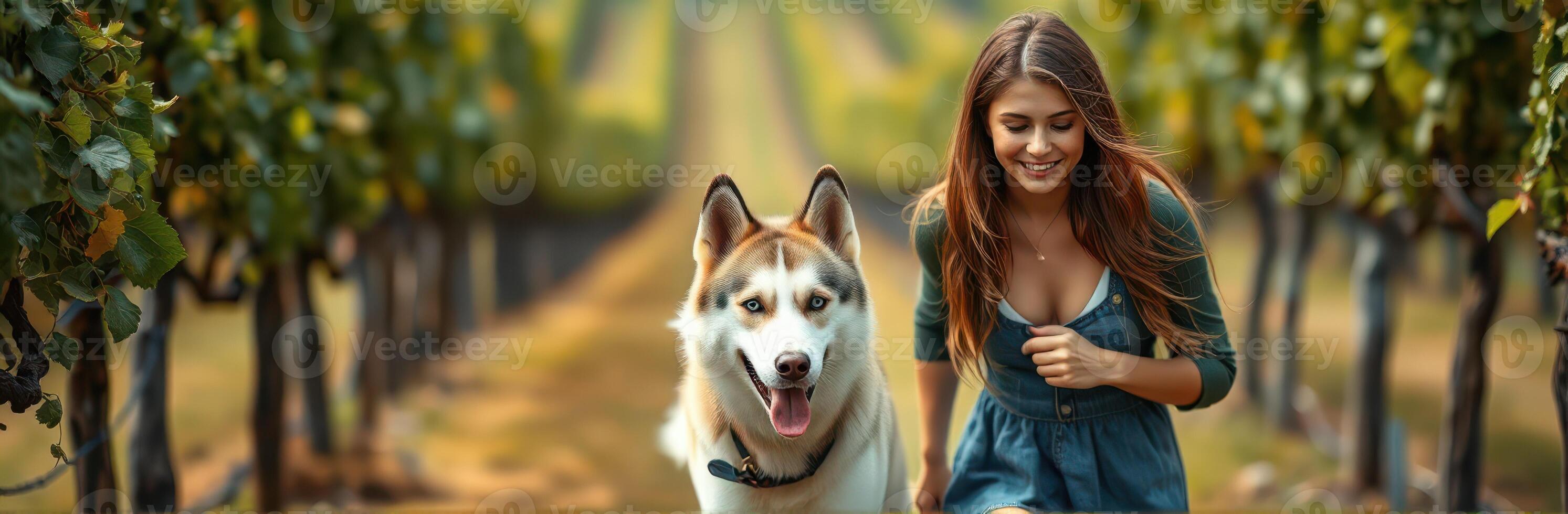 Woman walking a dog in a vineyard during a sunny afternoon, enjoying the beautiful landscape and nature photo