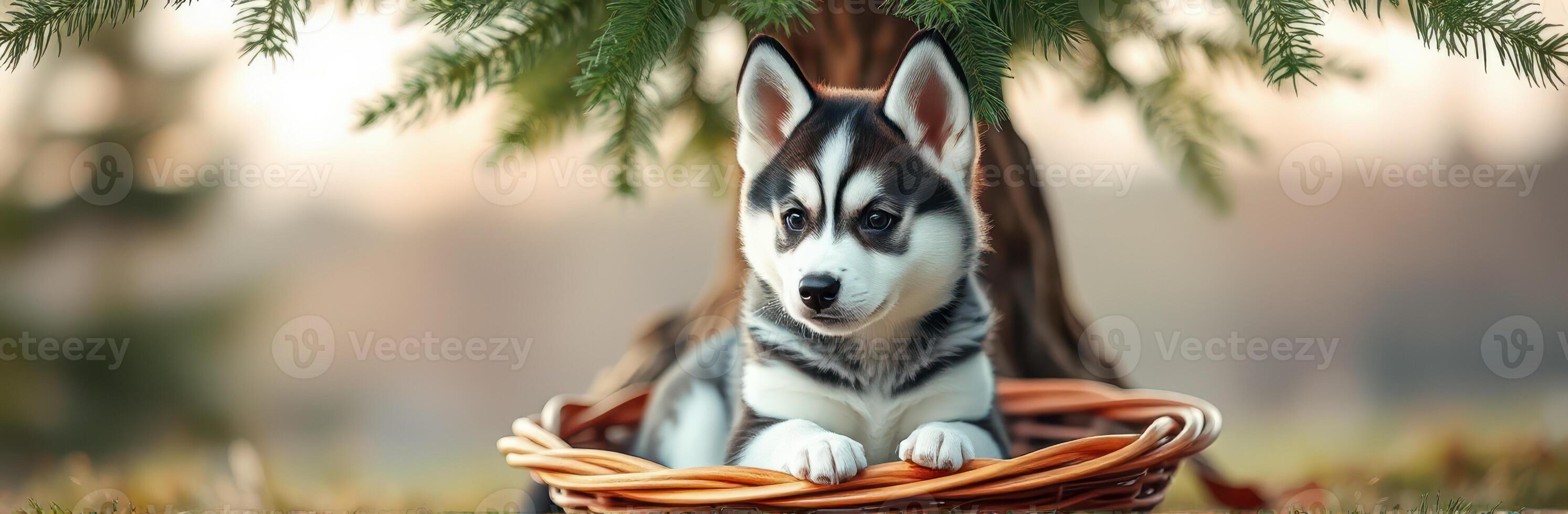 Cute husky puppy resting in a basket under a tree during golden hour in a serene outdoor setting photo