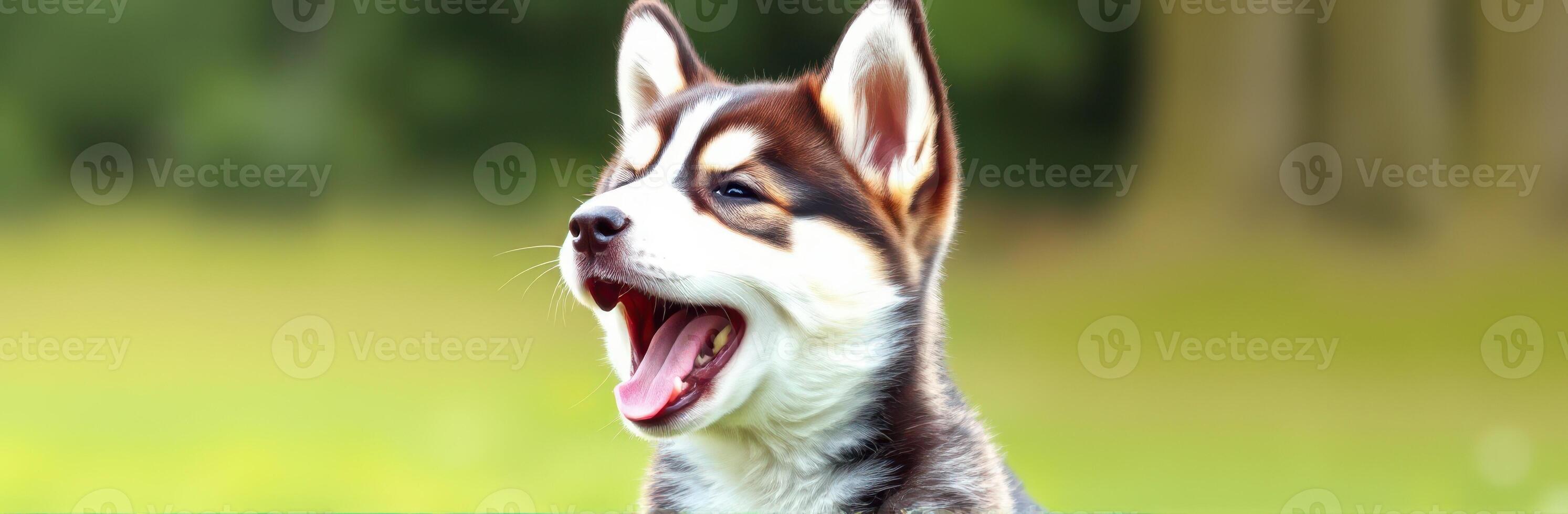 Happy husky puppy enjoying a sunny day in a grassy park with a joyful expression and open mouth photo