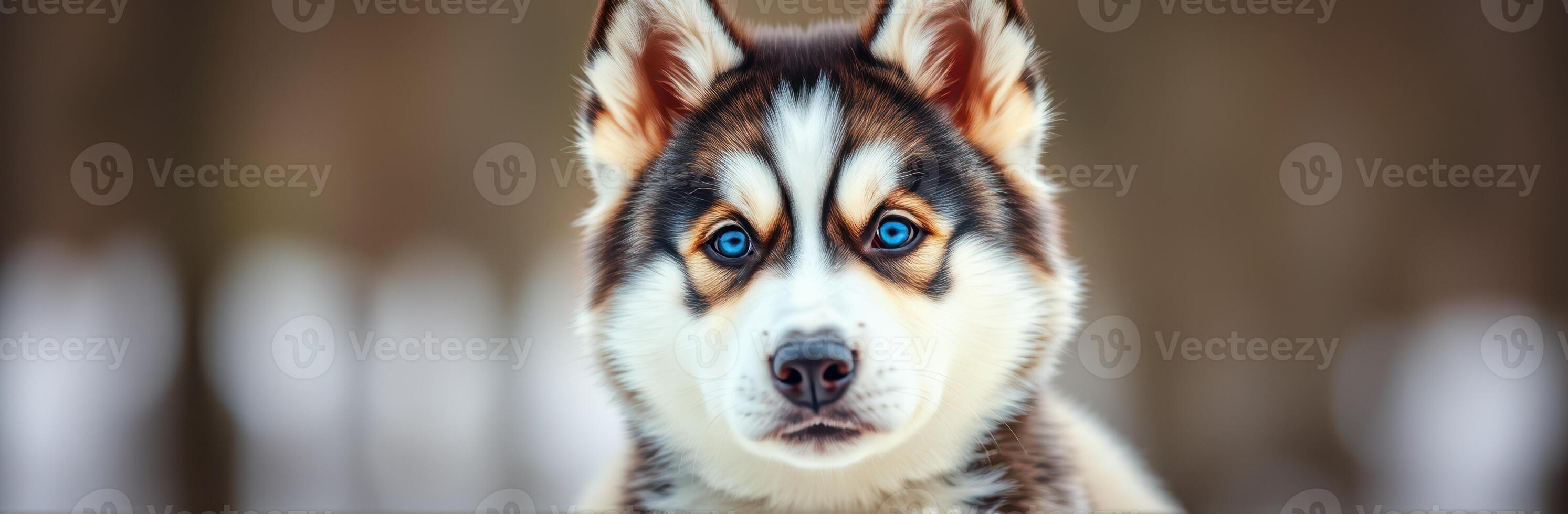 Playful husky puppy with striking blue eyes posing for a close-up in a wintry landscape photo