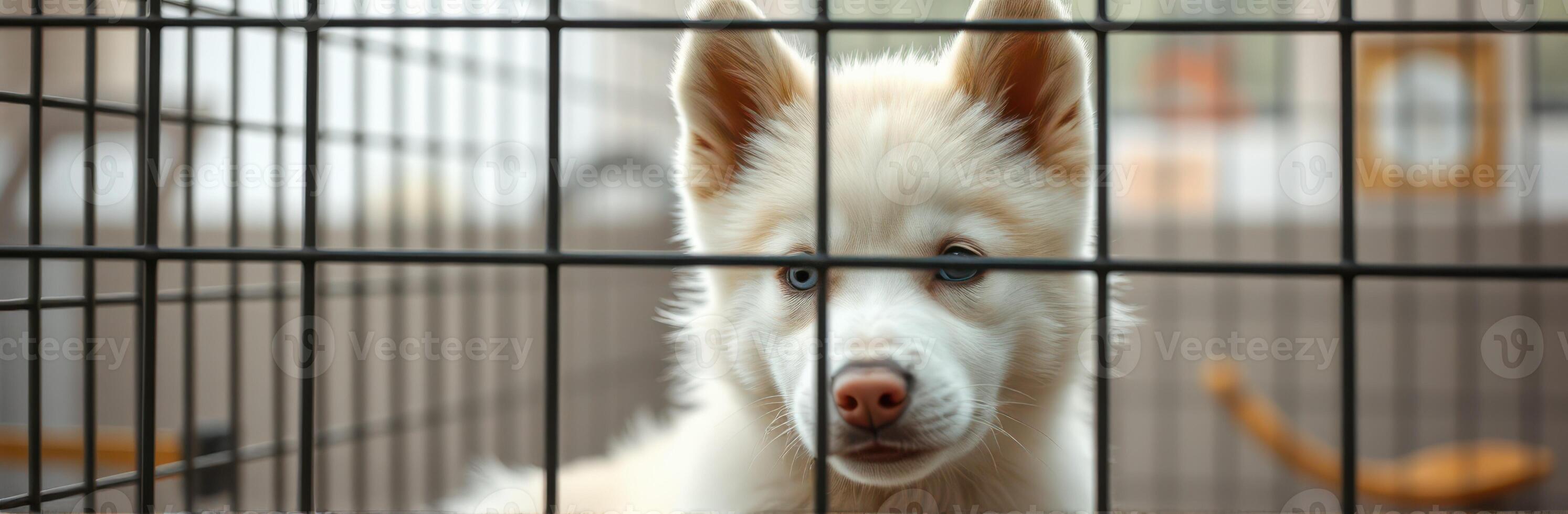 Cute white puppy looking through a cage in a bright indoor space during the day photo