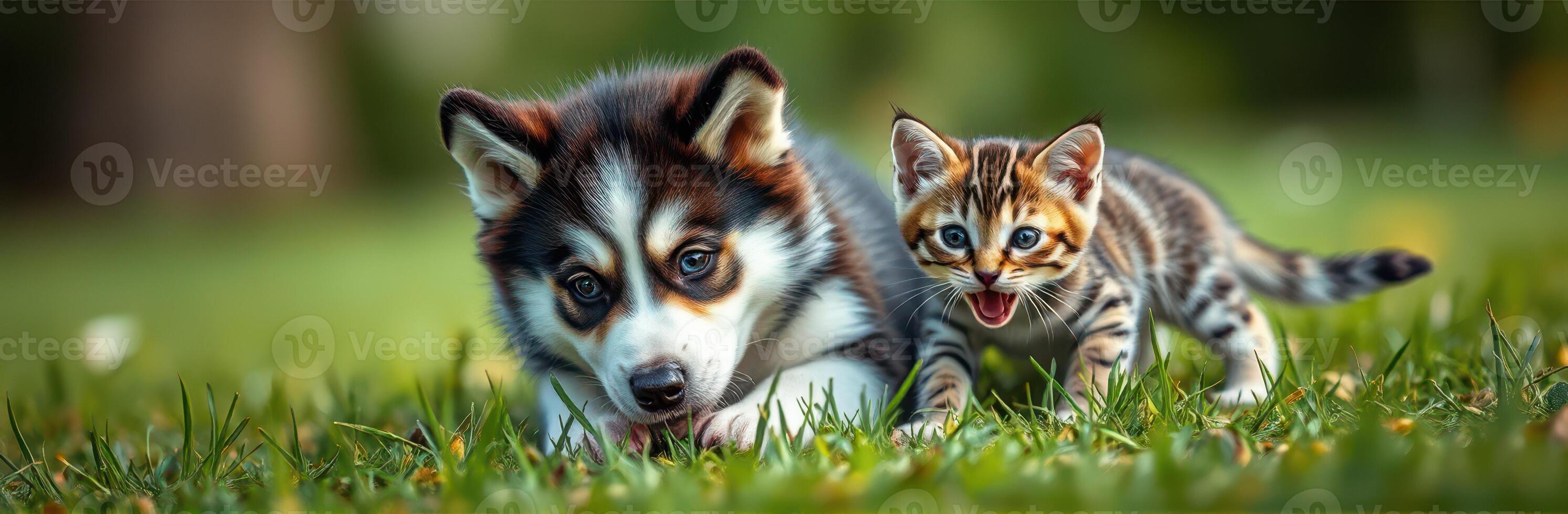 Playful puppy and curious kitten explore a sunny green garden together in the afternoon light photo