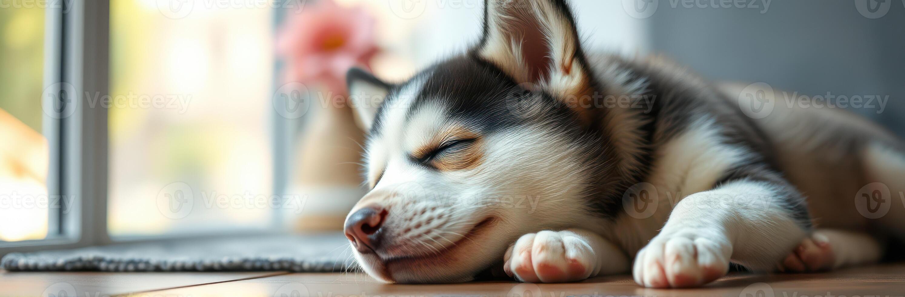 Sleeping Siberian Husky Puppy. Adorable Cute Puppy Napping in Peaceful Indoor Home Environment with Fluffy Fur and Soft Colors photo