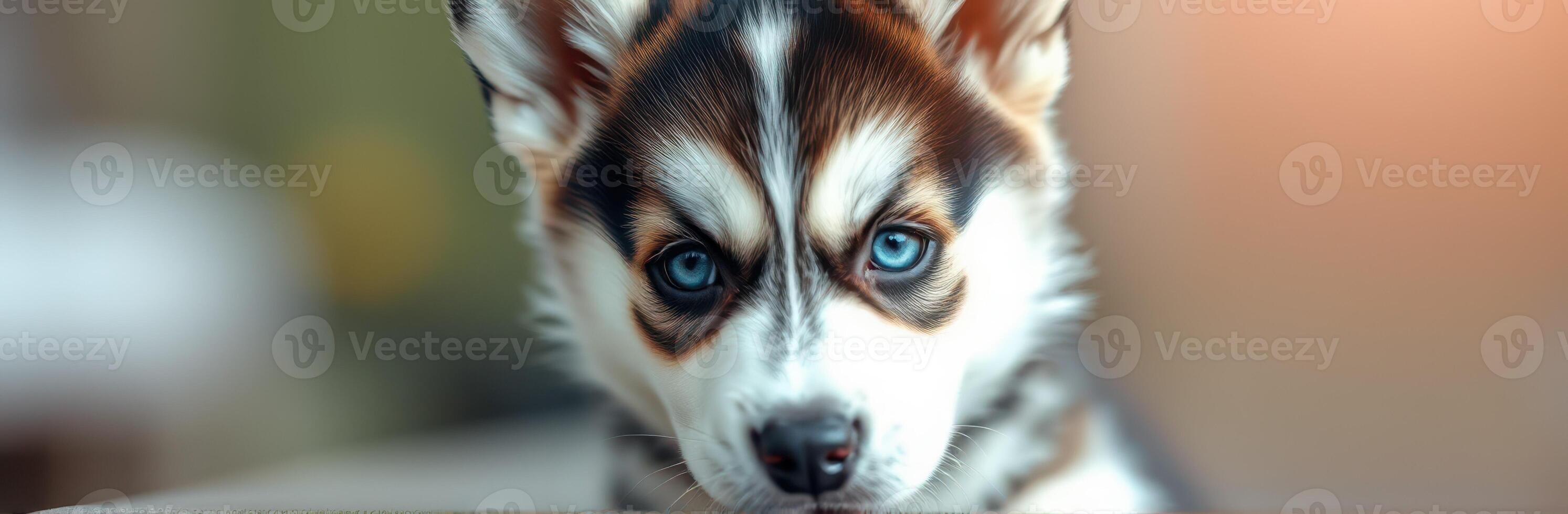 Cute and Adorable Siberian Husky Puppy with Blue Eyes in a Soft Focus Nature Setting photo