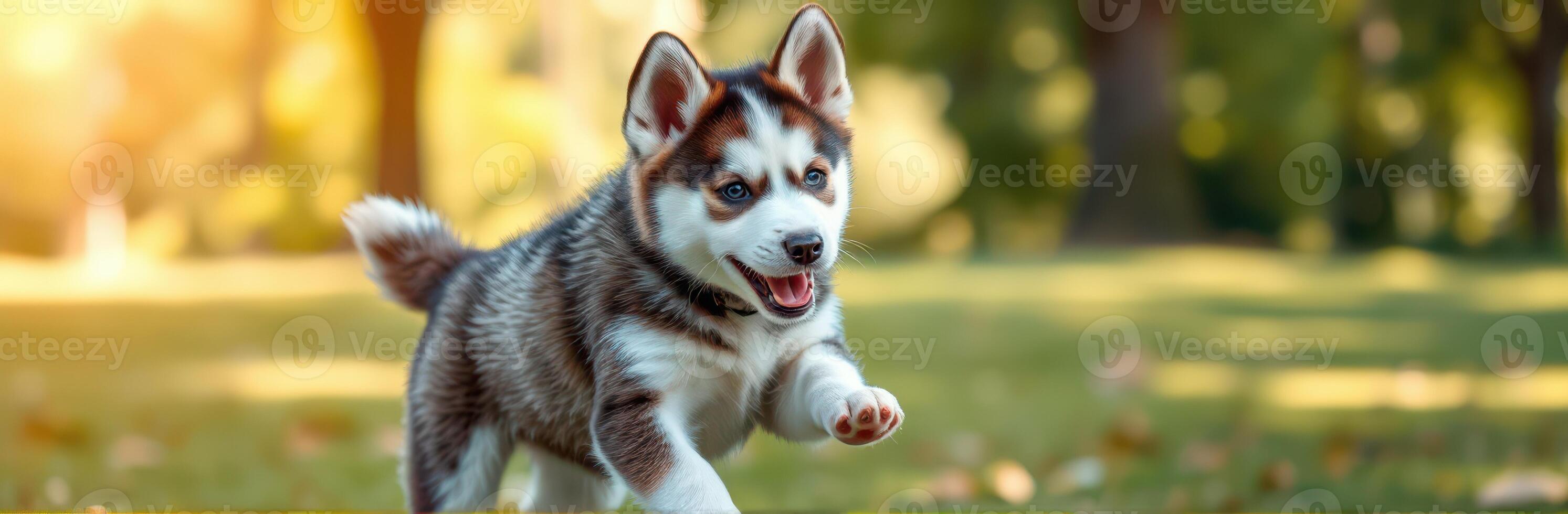 Playful Siberian Husky Puppy Running in a Sunny Spring Park with Lush Green Grass and Joyful Energy photo