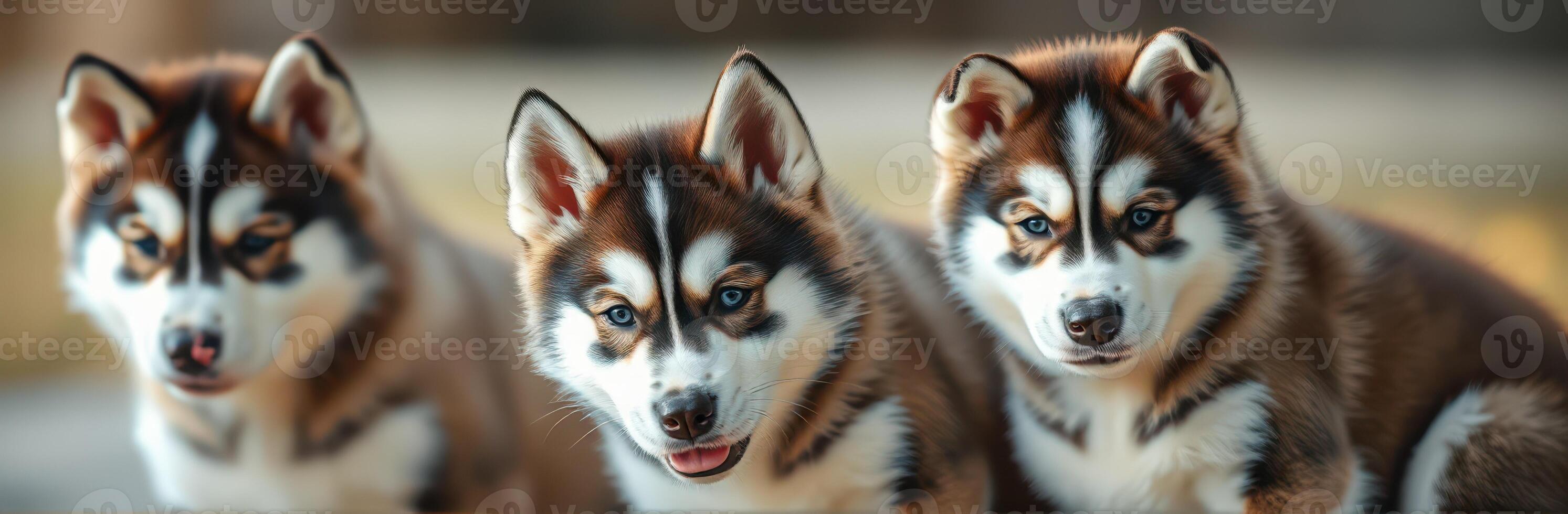 Husky Puppies Playing in Nature. Adorable Fluffy Fur with Blue Eyes and Happy Expressions photo