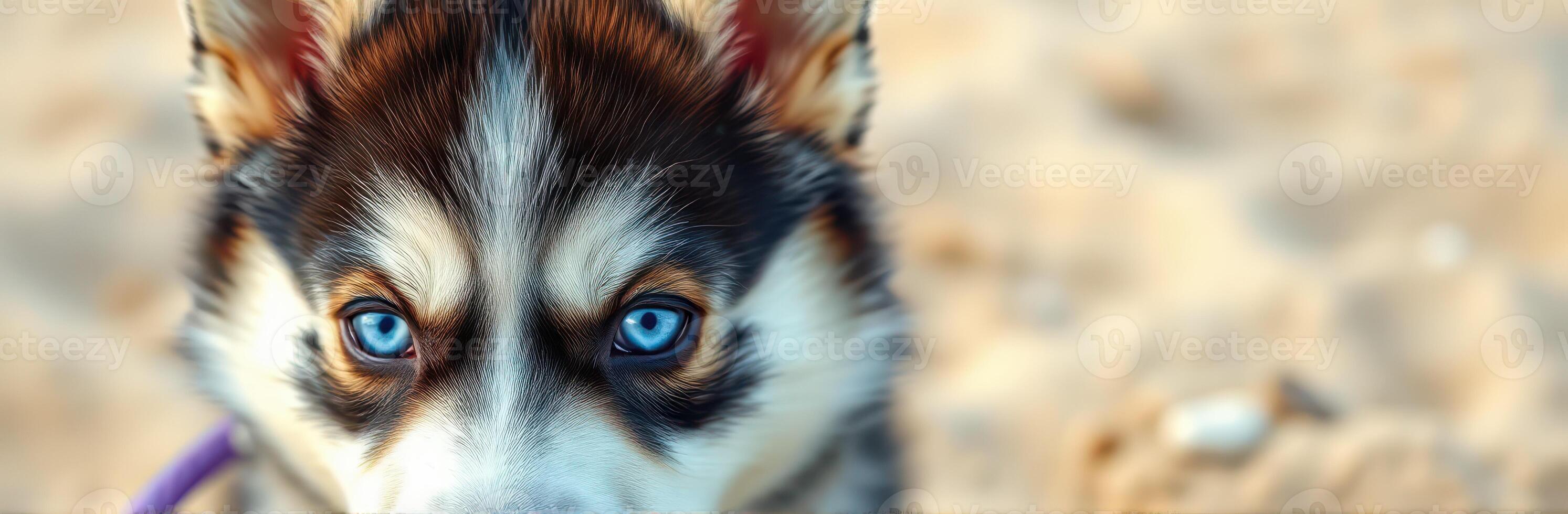 siberian husky puppy close-up portrait with blue eyes in sandy beach setting, showcasing adorable cuteness, furry texture, and intense gaze for dog lovers photo