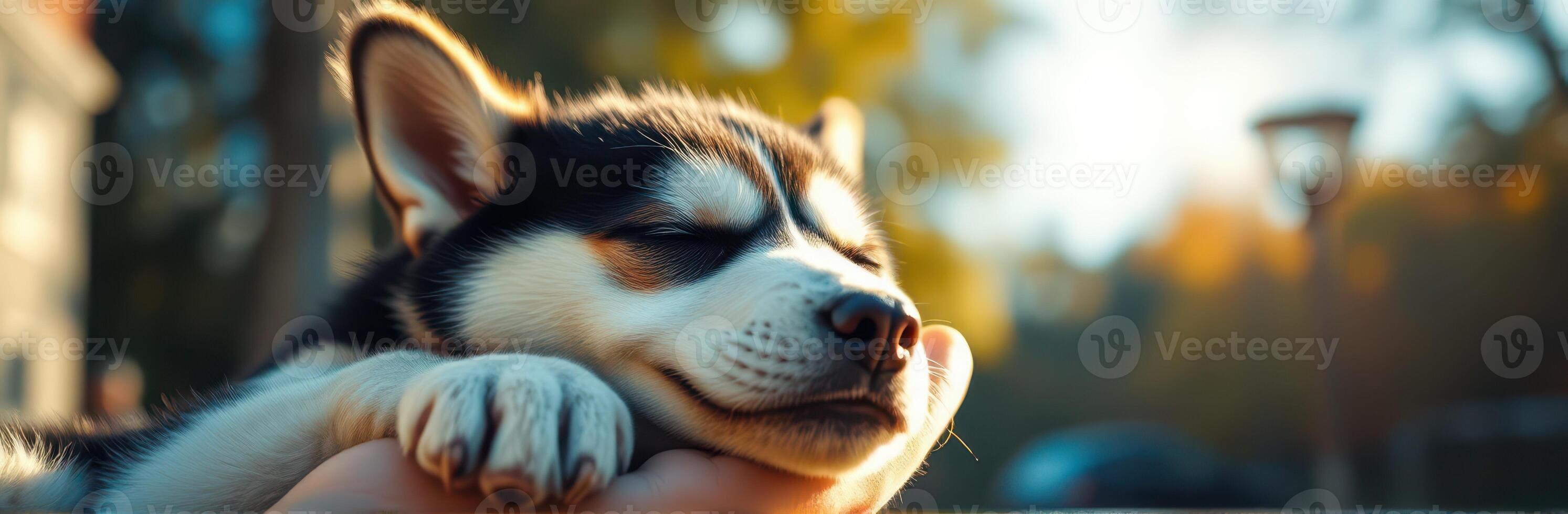 Cute and Adorable Puppy Sleeping in Nature's Warm Light - Close-Up Portrait of a Relaxed Young Dog with Fluffy Fur and Happy Expression photo