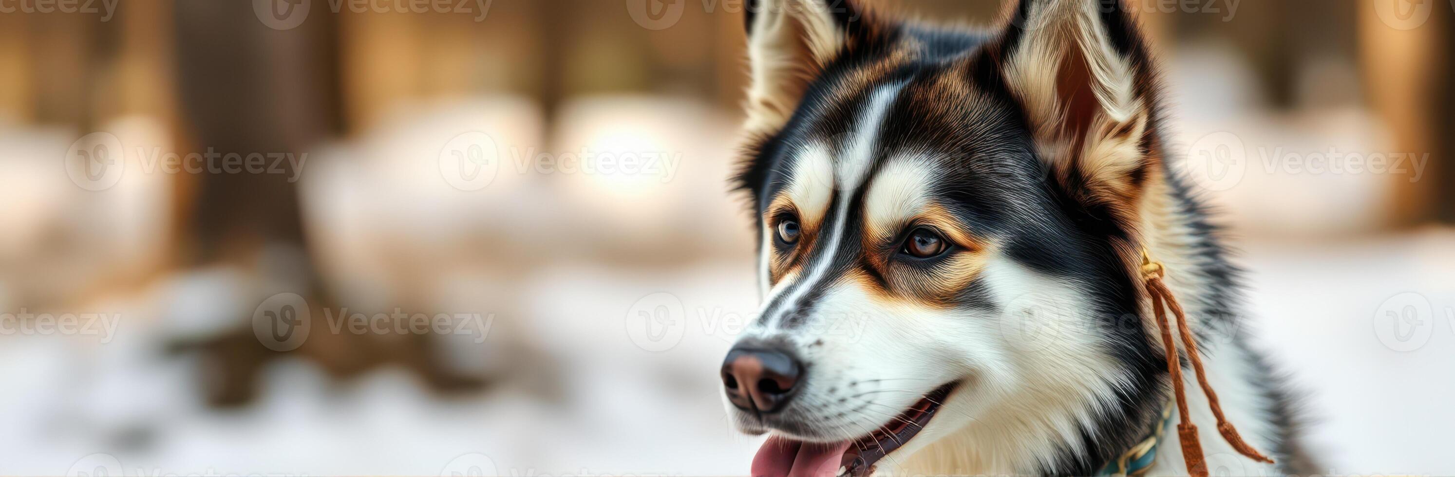 Happy Siberian Husky Portrait in Winter Forest with Blue Eyes and Playful Expression photo