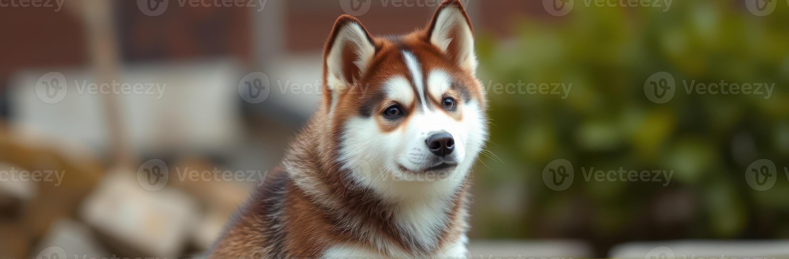 Cute Fluffy Siberian Husky Puppy Outdoors in Nature - Adorable White and Brown Dog Portrait with Beautiful Fur and Playful Expression photo