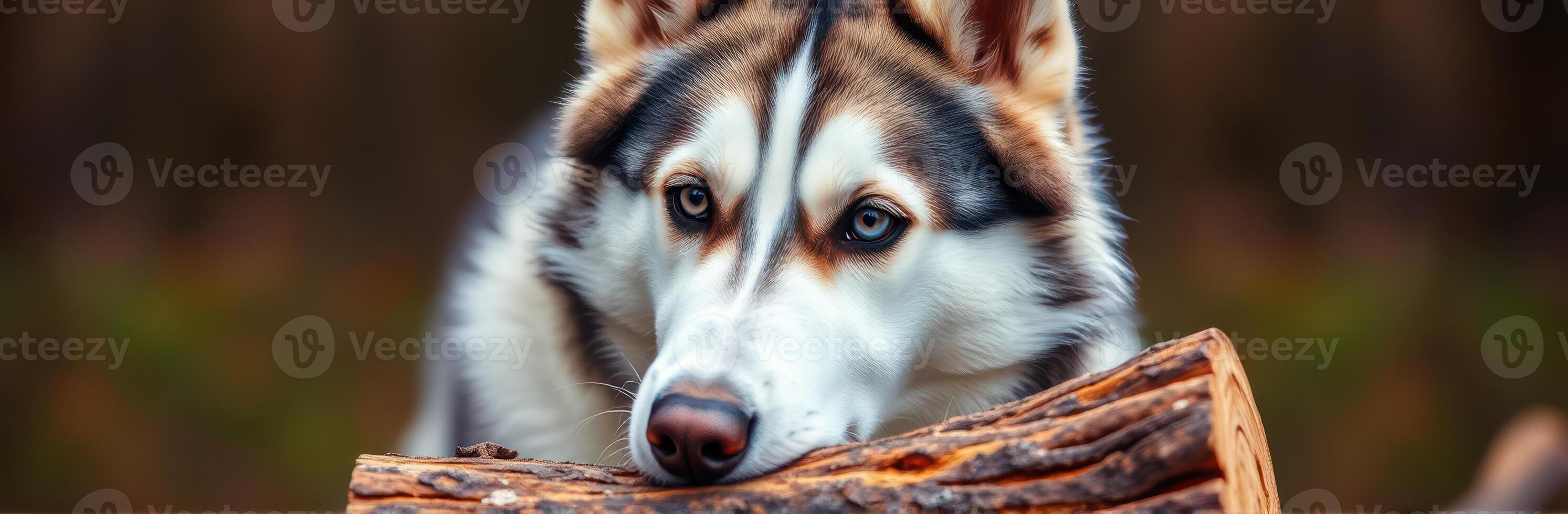 Cute and Playful Siberian Husky Portrait with Beautiful Wolf-like Eyes in a Dreamy Wilderness Setting - Wildlife Photography photo