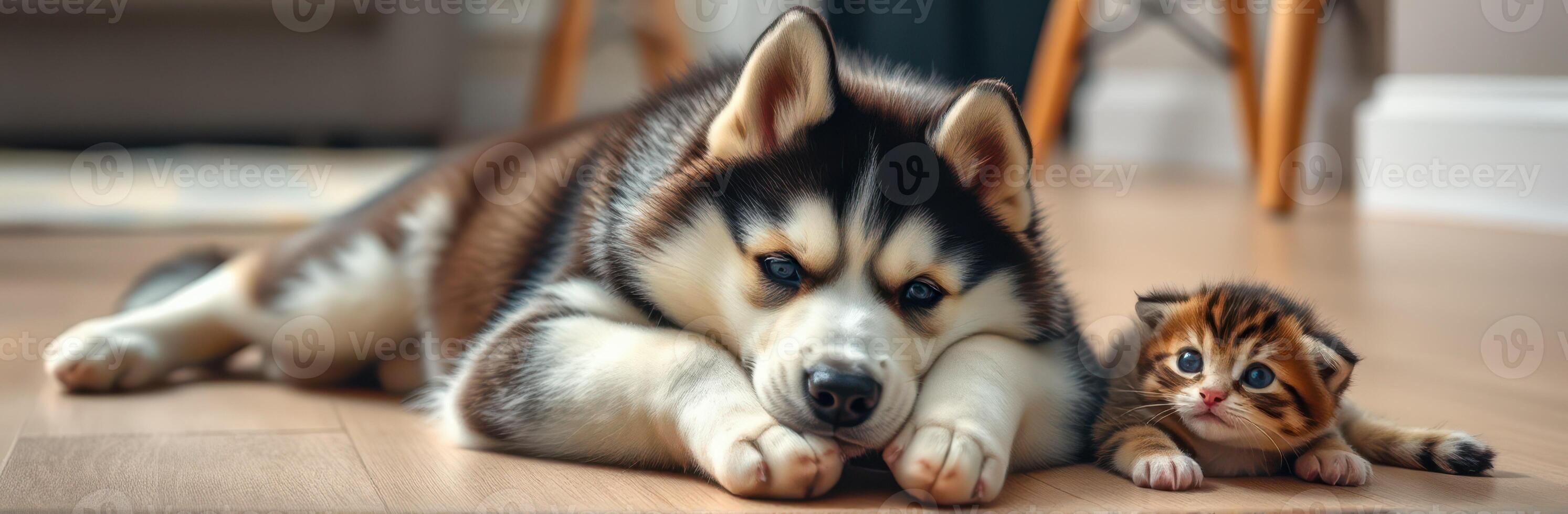 Cute Puppy and Kitten Snuggling Indoors on Wooden Floor - Adorable Dog and Cat Companionship in Warm Tones photo