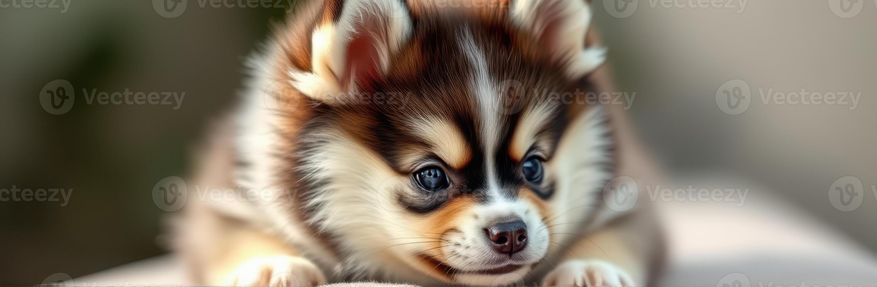Cute and Adorable Puppy Portrait. Fluffy Young Dog with Playful Eyes and Sweet Expression in a Cozy Setting photo