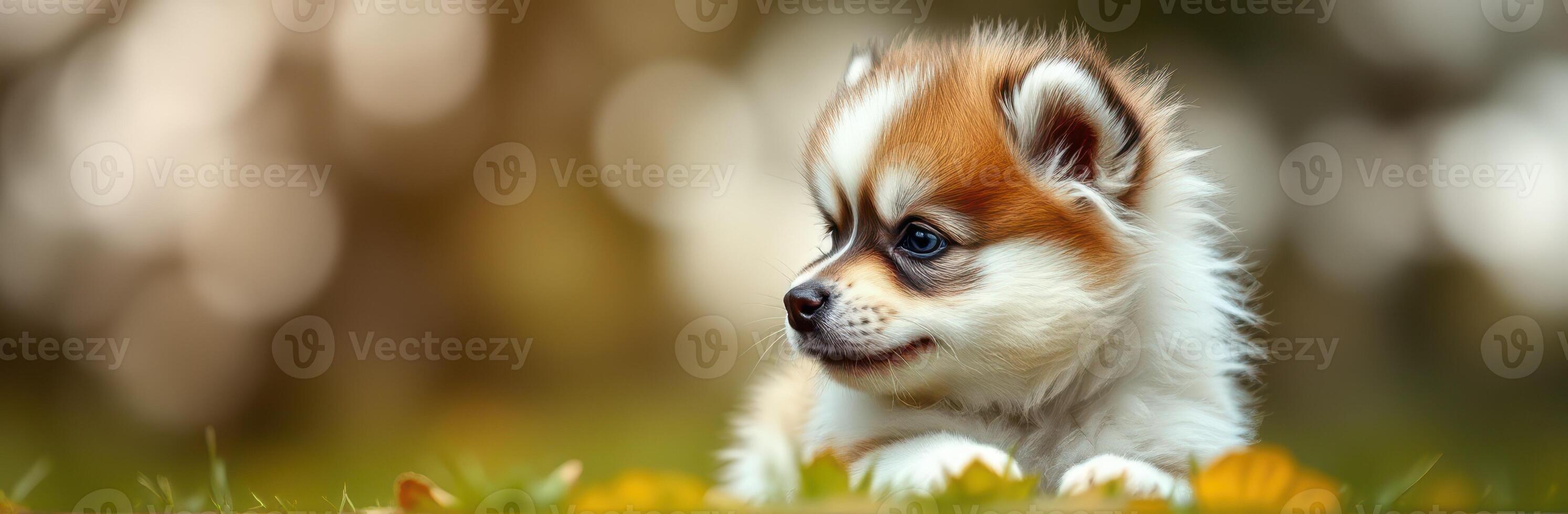 Cute and Adorable Fluffy Puppy Portrait in Nature with Autumn Leaves and Charming Face photo