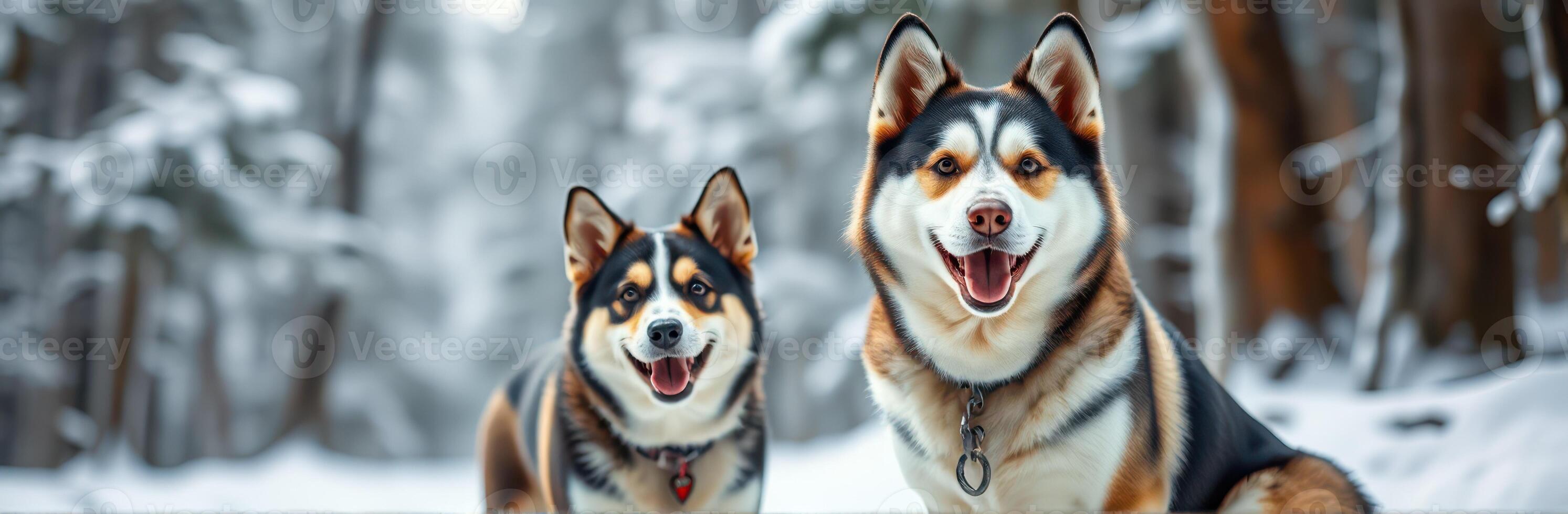 Dog Sledding Adventure. Smiling Huskies in the Winter Forest of Finnish Lapland photo