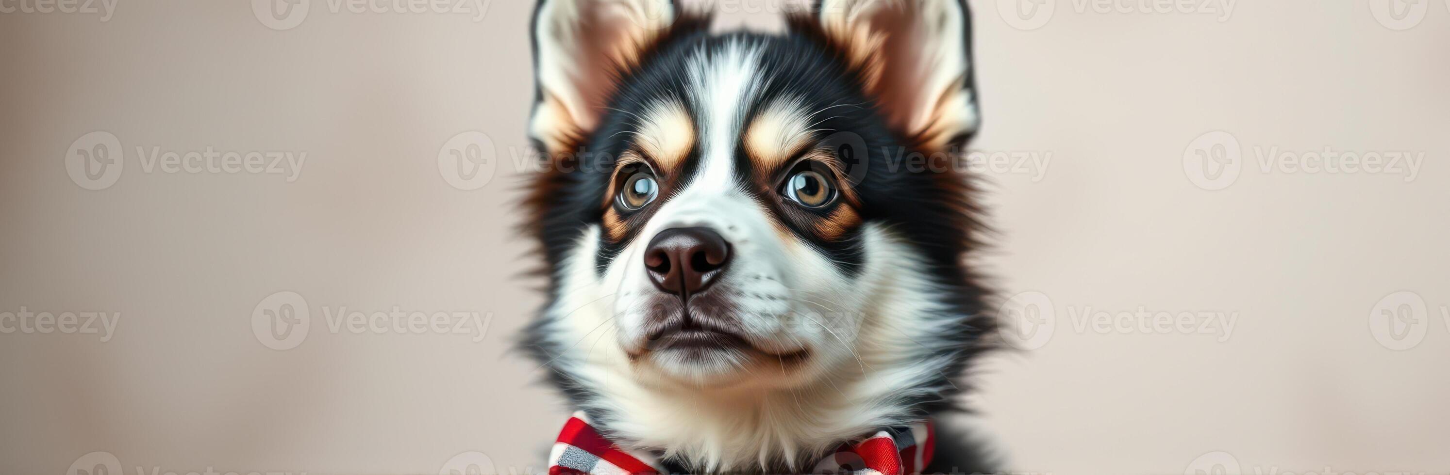 Adorable Puppy Portrait in Bowtie - Cute Furry Dog with Charming Expression and Vibrant Colors photo
