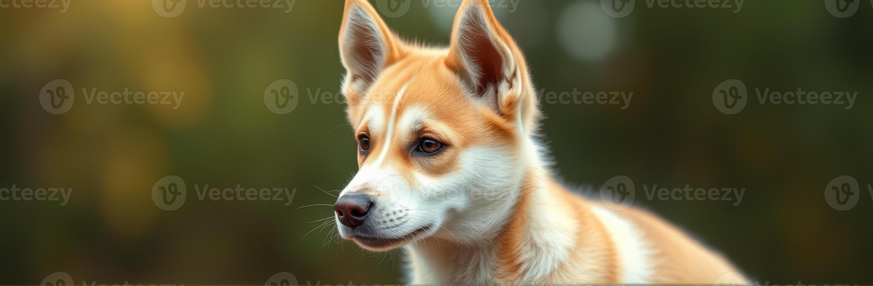 Cute Close-Up Portrait of an Adorable Puppy with Noble Look and Alert Expression Against a Green Bokeh Background photo