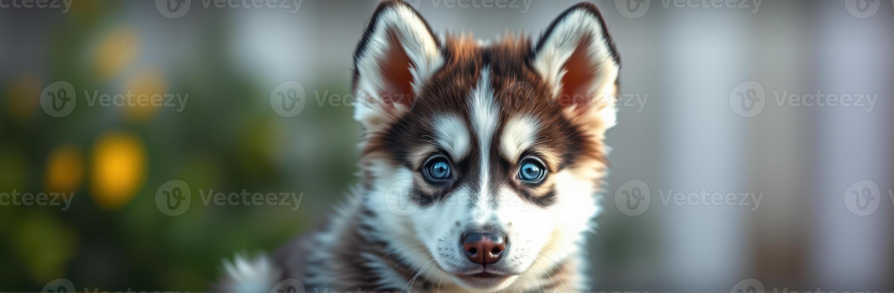 Cute Puppy Portrait of an Adorable Siberian Husky with Blue Eyes in a Garden Setting - Fluffy Canine Close-Up with Brown and White Fur, Playful Expression, and Nature Background photo