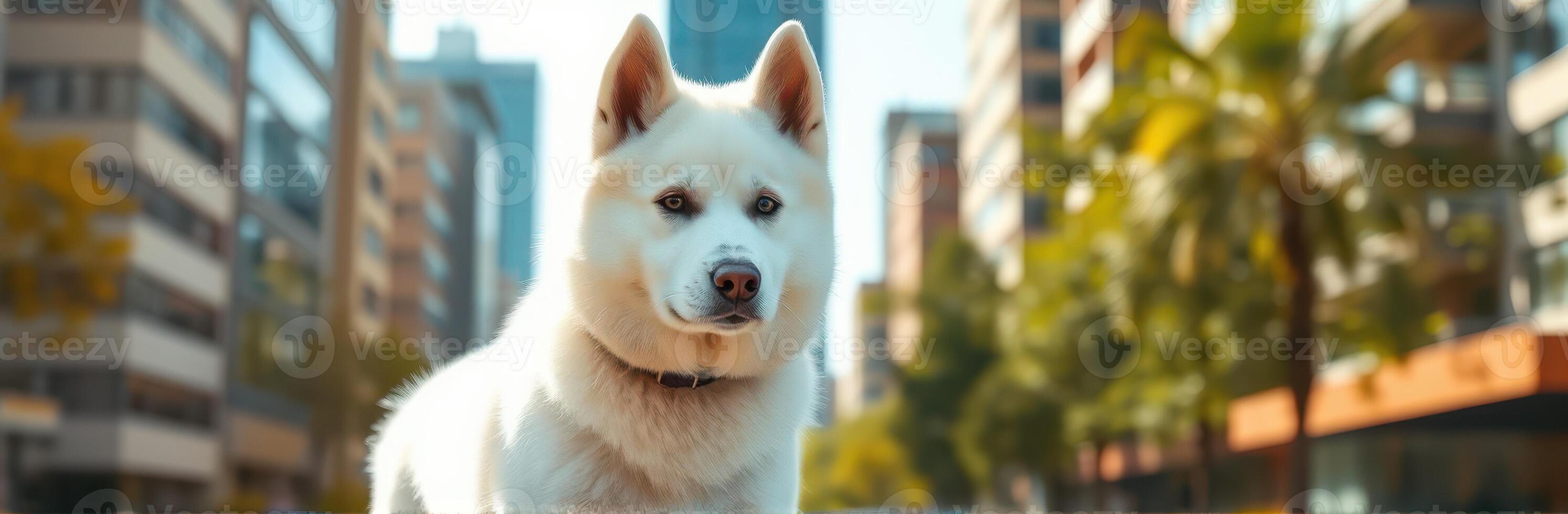 Husky Mix Breed Dog in Urban Setting. Cute White Canine in Downtown Cityscape with Palm Trees and Vibrant Colors photo