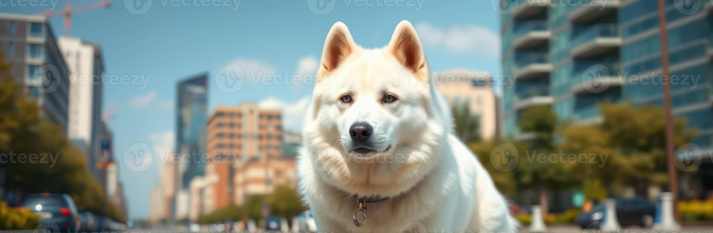 Cute Shiba Inu Puppy Walking in Urban Downtown Cityscape with Skyscrapers and Blue Sky on a Sunny Day photo