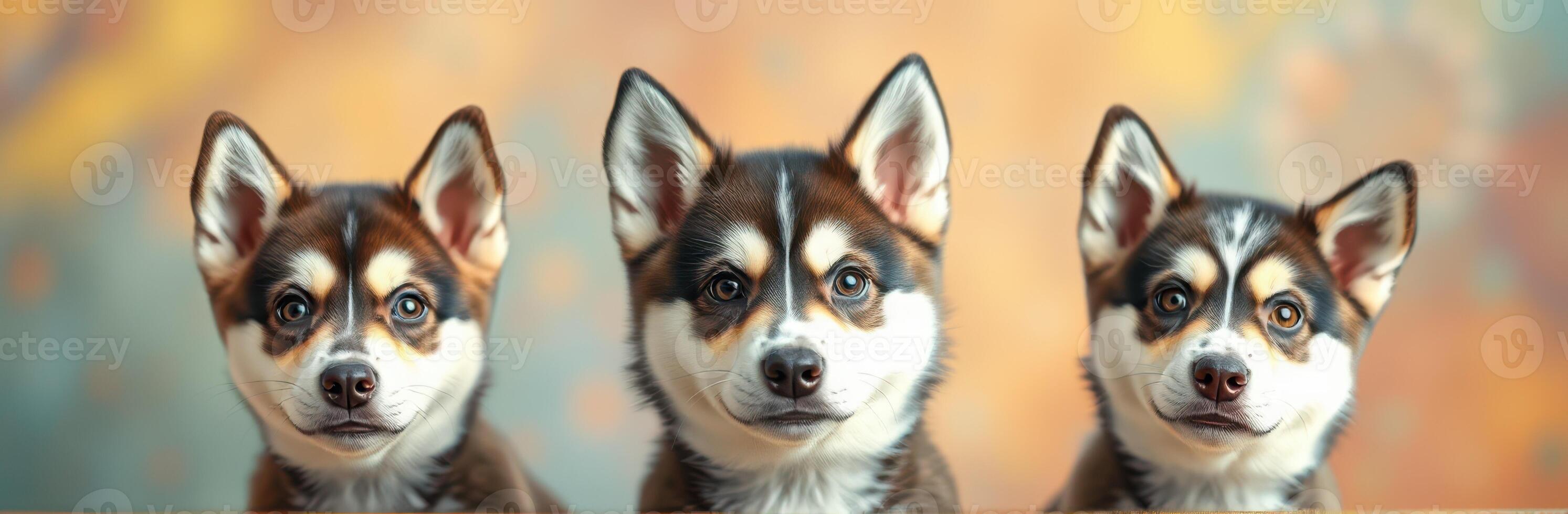 Adorable Trio of Cute Puppies. Playful Young Huskies with Long Ears Against a Colorful Bokeh Background photo