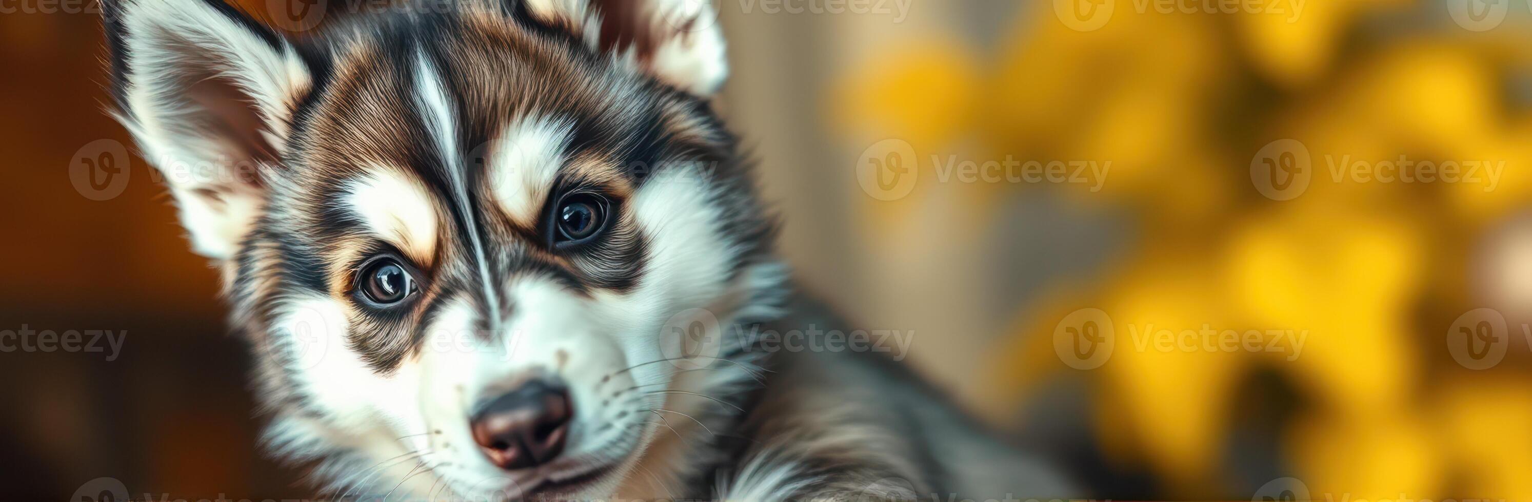 Cute and Adorable Close-Up Portrait of a Furry Siberian Husky Puppy with Playful Expression Against a Vibrant Yellow Background photo