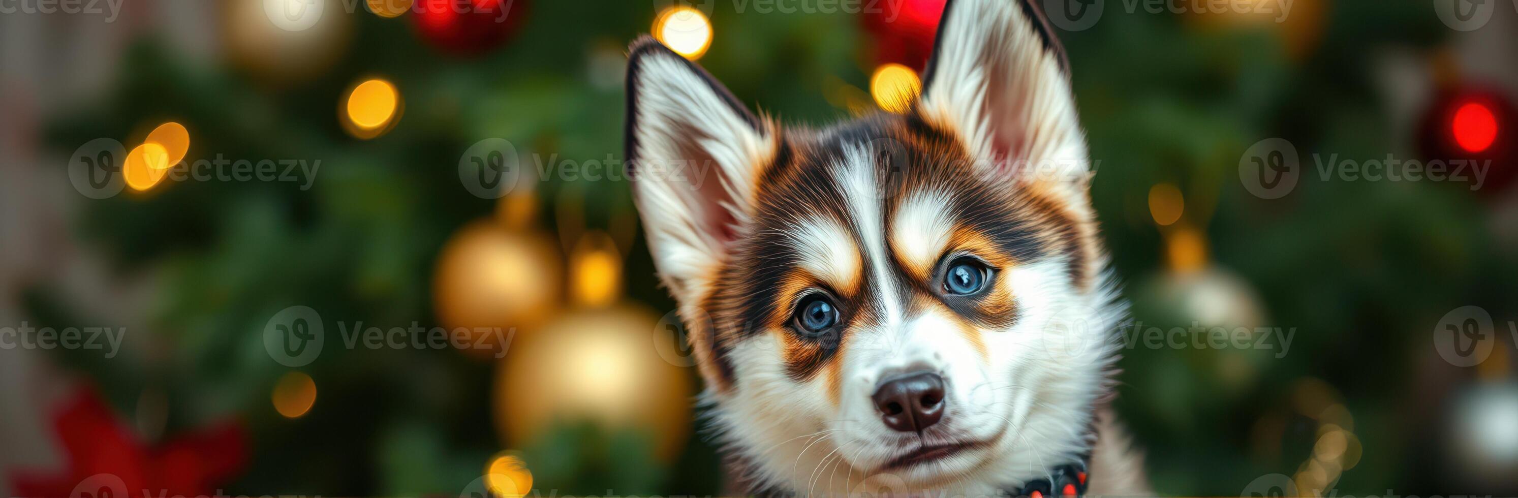 Cute Adorable Puppy Portrait with Blue Eyes by a Christmas Tree. Joyful Festive Atmosphere Indoors with Warm Colors and Holiday Decorations photo