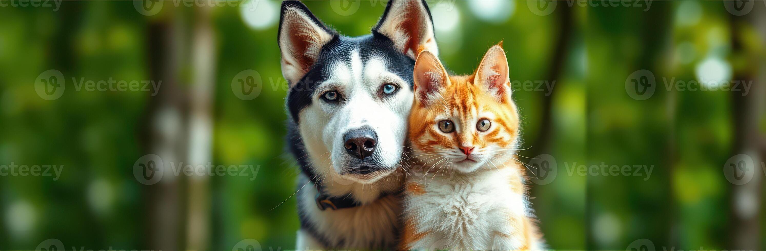 Close-Up Portrait of Happy Siberian Husky and Ginger Cat Snuggling in Greenery, Adorable Animal Companionship in Nature photo