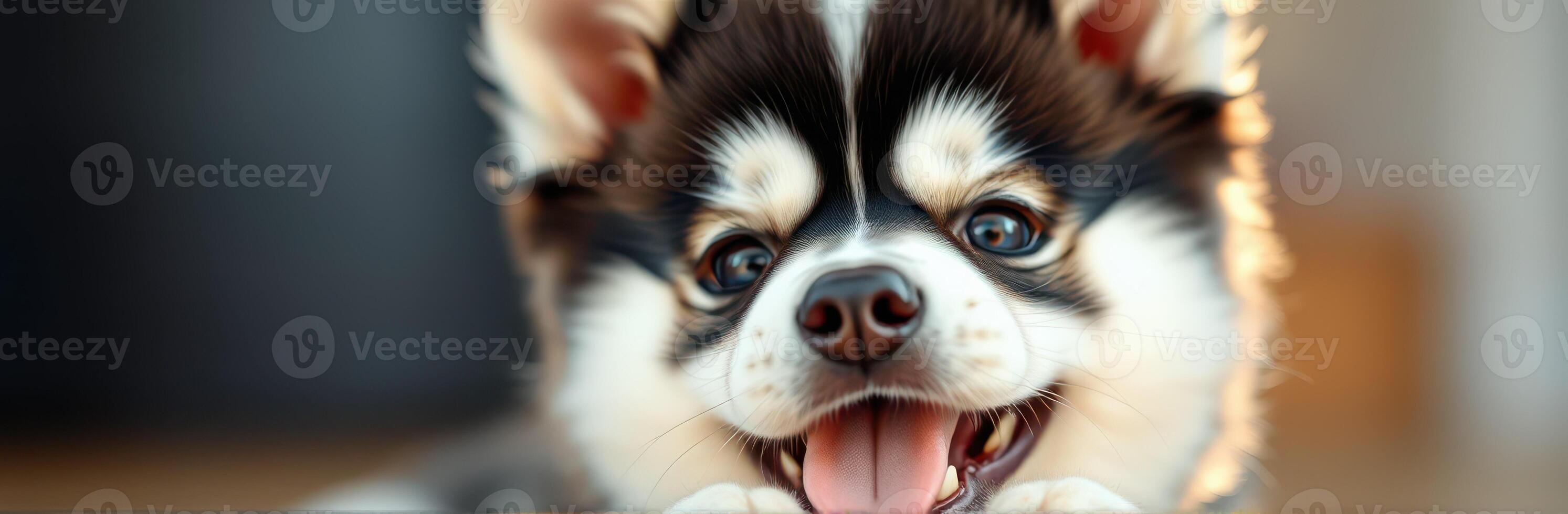 Cute Happy Puppy Close-Up Portrait - Adorable Furry Canine with Playful Expression and Tiny Paws Indoors photo
