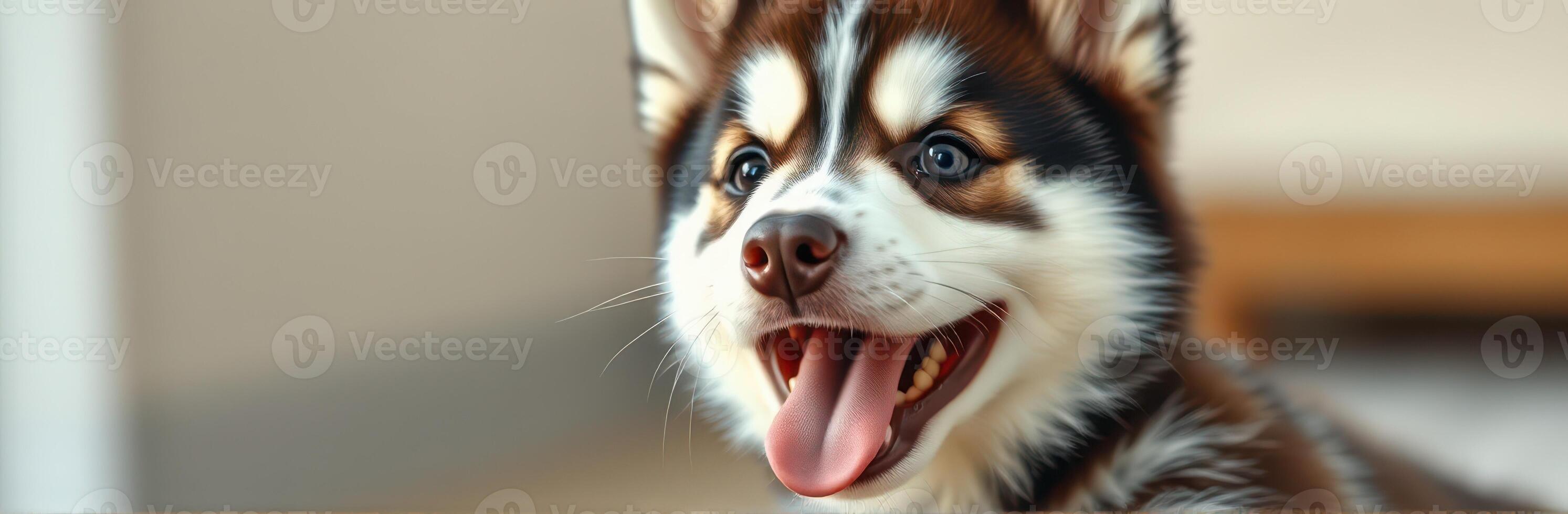 Happy Adorable Puppy Portrait. Cute Fluffy Brown and White Canine Smiling Indoors photo