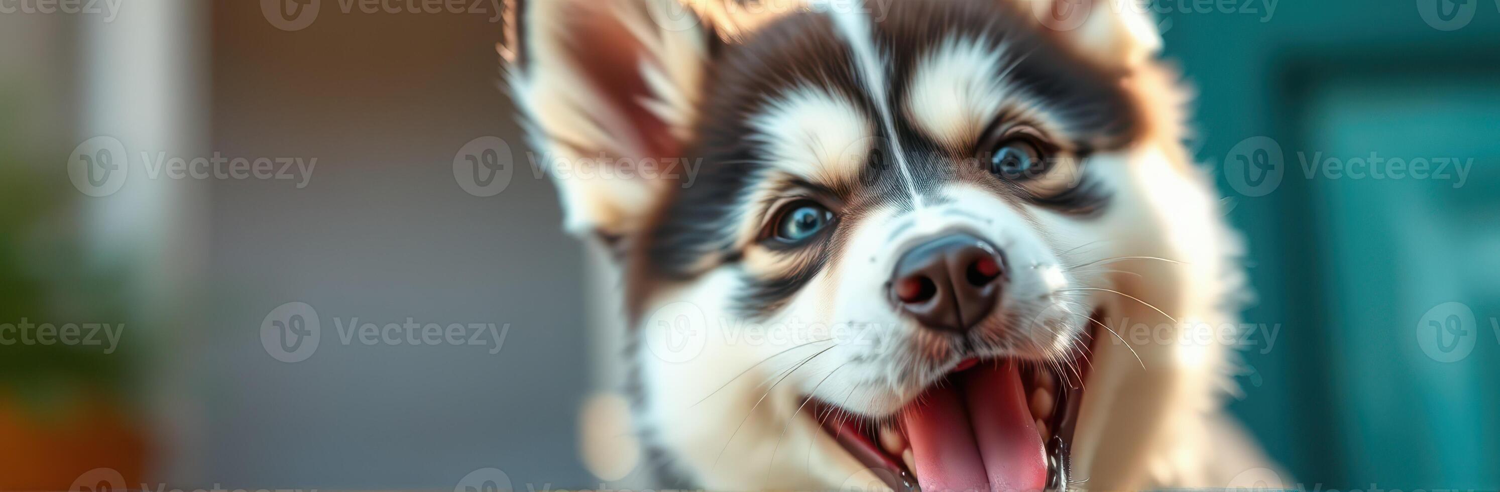 Cute and Adorable Close-Up Portrait of a Happy Siberian Husky Puppy with Blue Eyes and Fluffy Fur photo