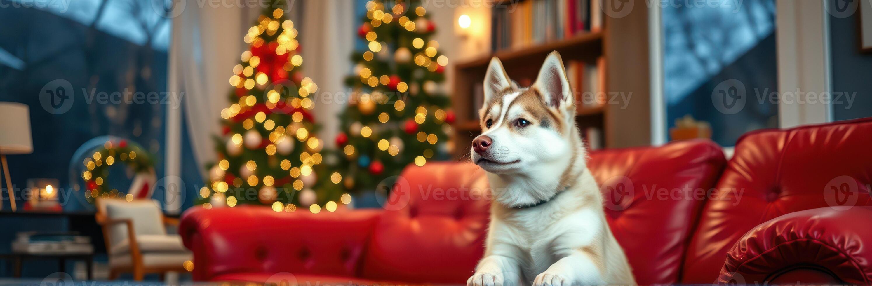 Cozy Christmas Scene with a Happy Husky by the Christmas Tree Decorated with Bright Lights and Festive Decorations photo