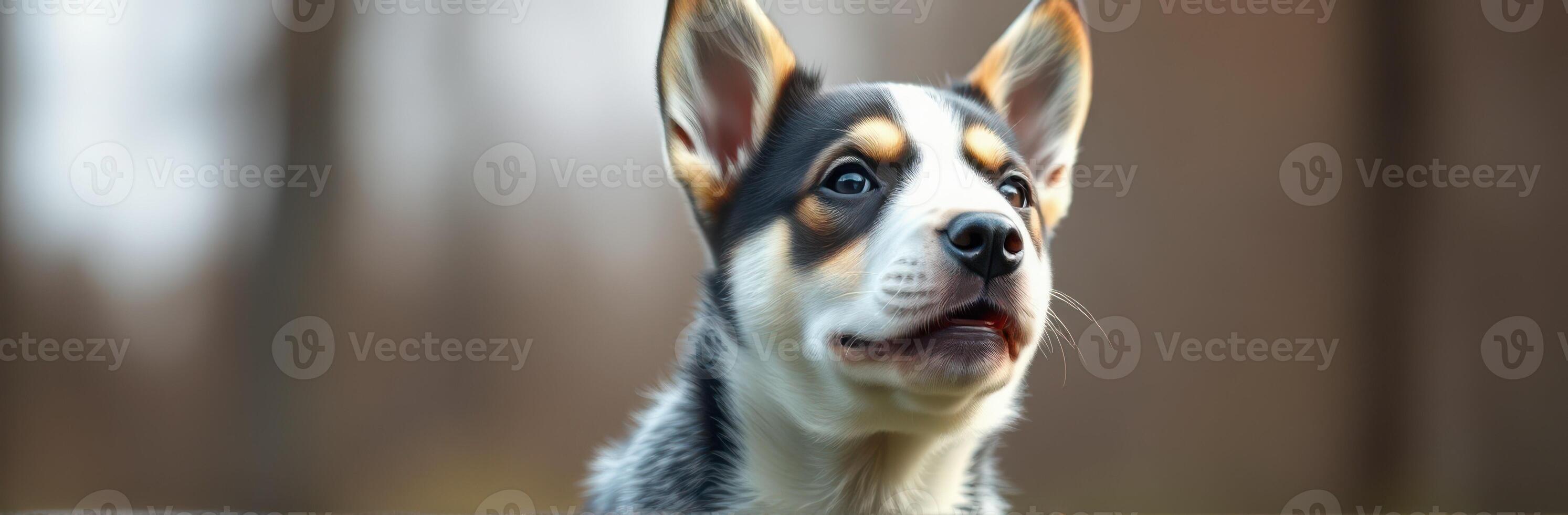 Cute and Adorable Tri-Color Puppy Portrait with Alert Expression in Natural Light - Close-Up Photo of a Happy Dog Against a Blurred Bokeh Background