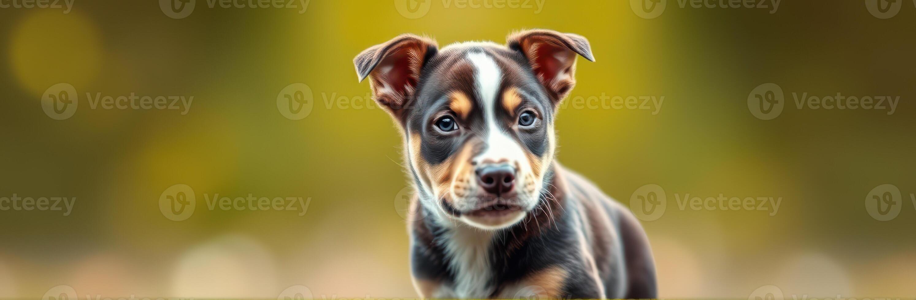 Adorable Brown Puppy Portrait Outdoors with Alert Expression and Bokeh Effect in Green Nature Space photo
