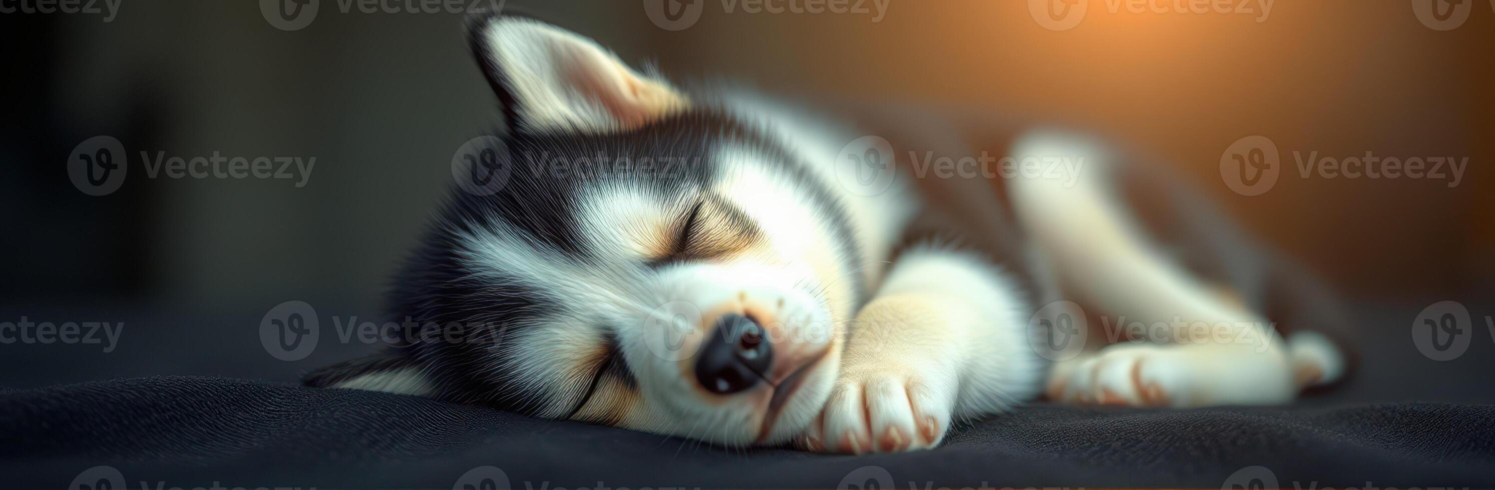 Adorable Puppy Sleeping. Close-Up Portrait of a Fluffy Siberian Husky in Warm Daylight photo